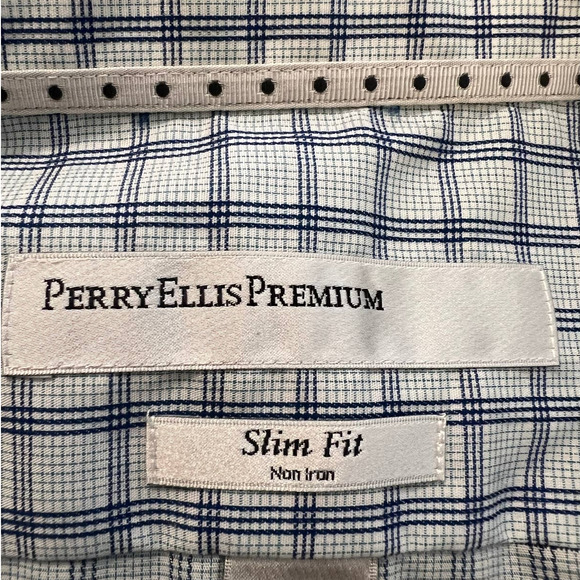 Perry Ellis Premium Shirt Size 17 1/2 34/35 Blue White Plaid Slim Fit Non-Iron - Picture 4 of 5